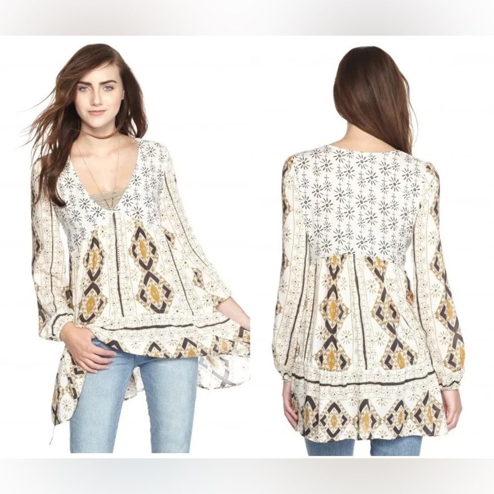 Free People Voile The Bay Flirty Vneck Boho Chic Tunic Top Shirt Size S